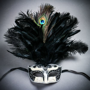 Venetian Glitter Crystal Mardi Gras Mask with Peacock Large Feather Silver Black